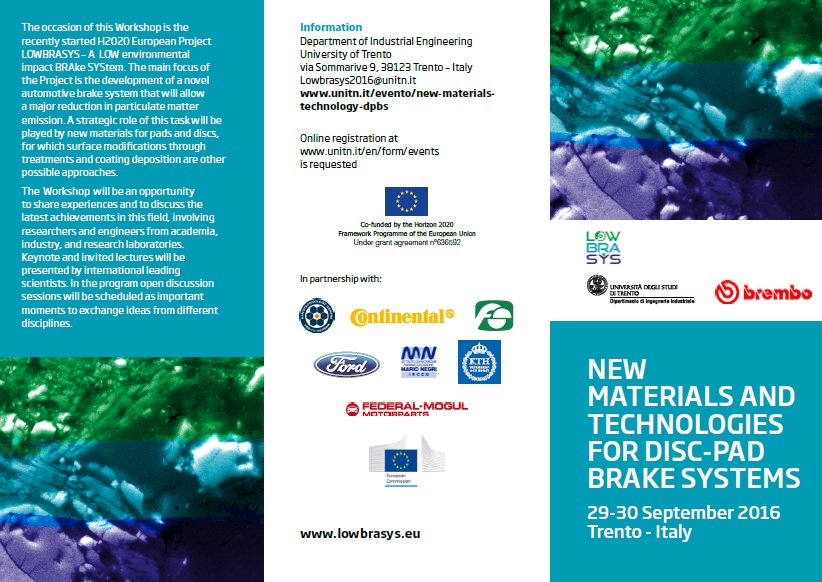 LOWBRASYS WORKSHOP: NEW MATERIALS AND TECHNOLOGIES FOR DISC-PAD BRAKE SYSTEMS, 30 September 2016